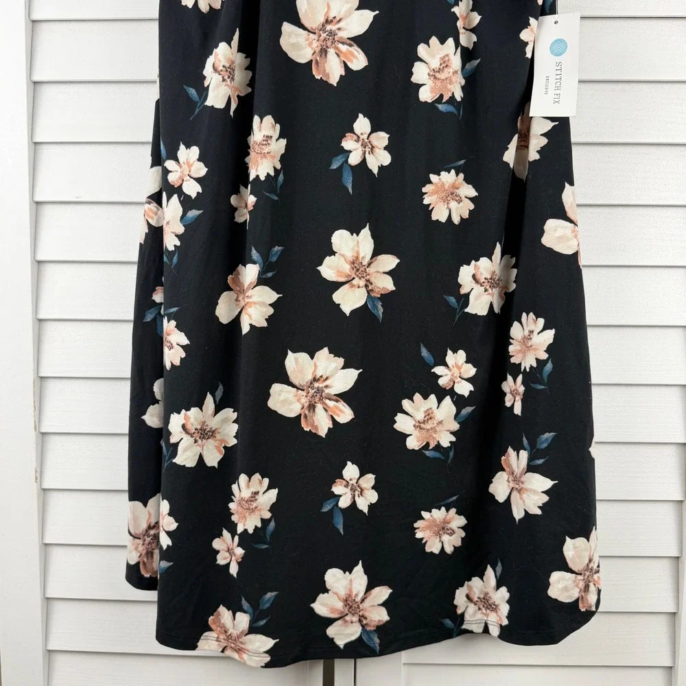French Grey Melcy Brushed Knit Dress XL Black Floral High Neck NEW
